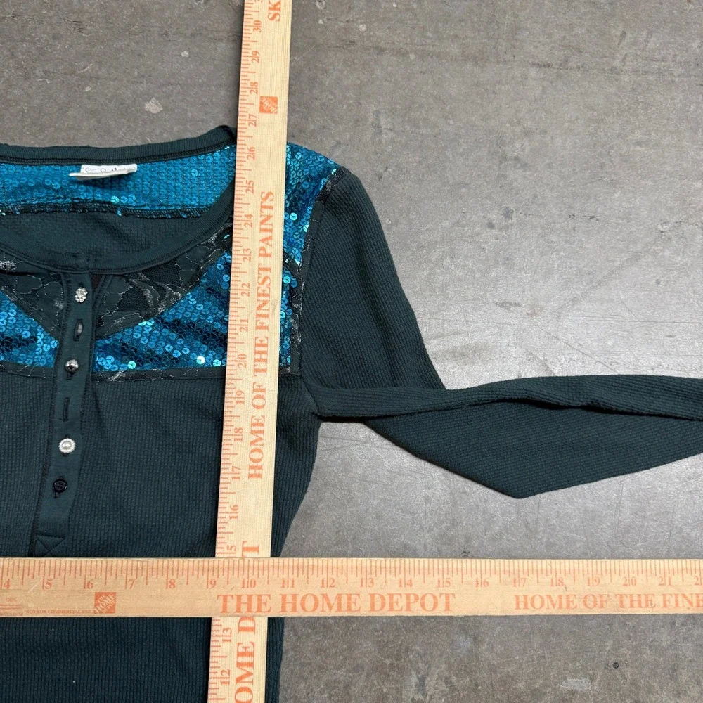 Free People Forest Green‎ Sequin Lace Thermal Henley Top Small Turquoise Accent